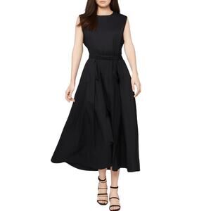 Chepe‎ Women's Sz L Sleeveless Belted A-Line Midi Dress Black 100% Cotton Modest